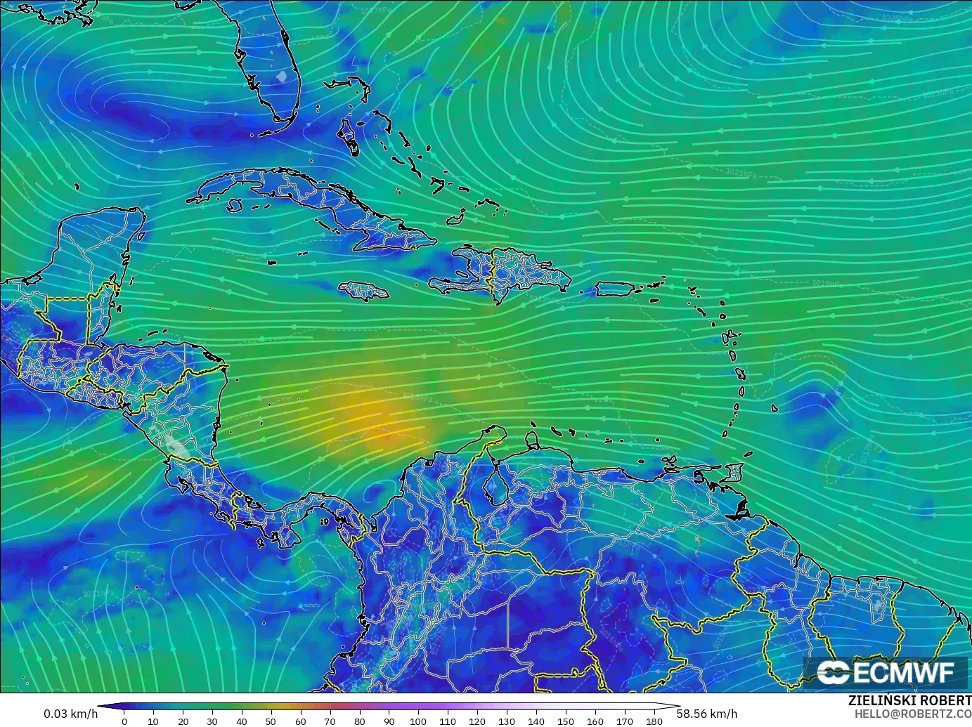 ECMWF IFS 0.25° model - Karayipler, 10 m Rüzgâr