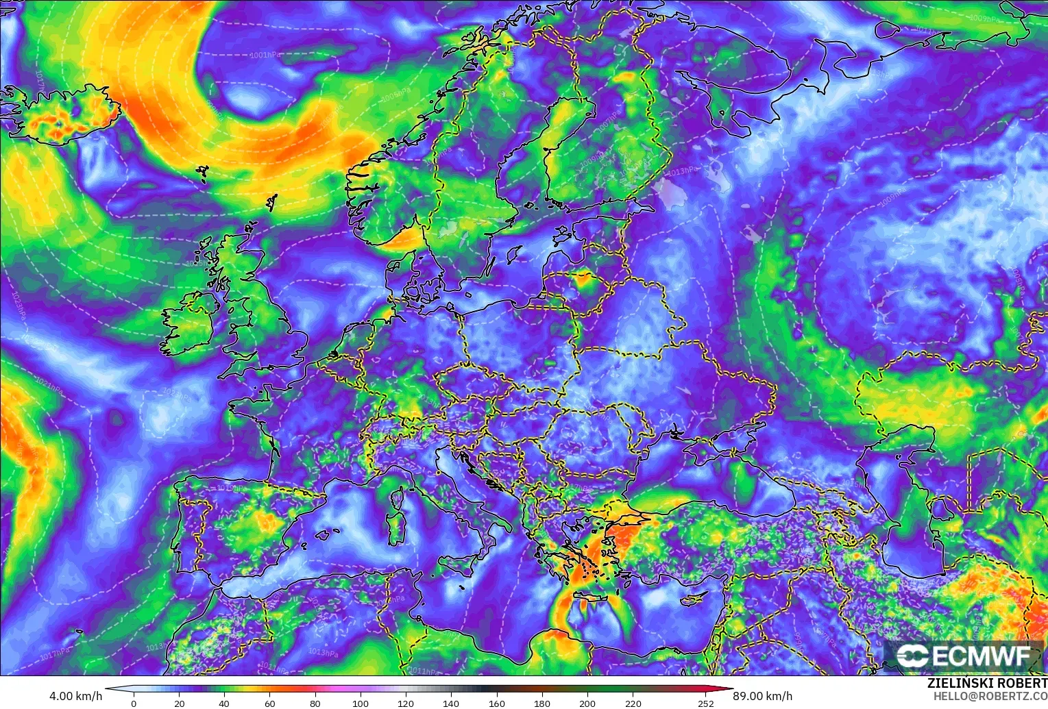 ECMWF IFS 0.25° model - Avrupa, Rüzgâr Esintileri