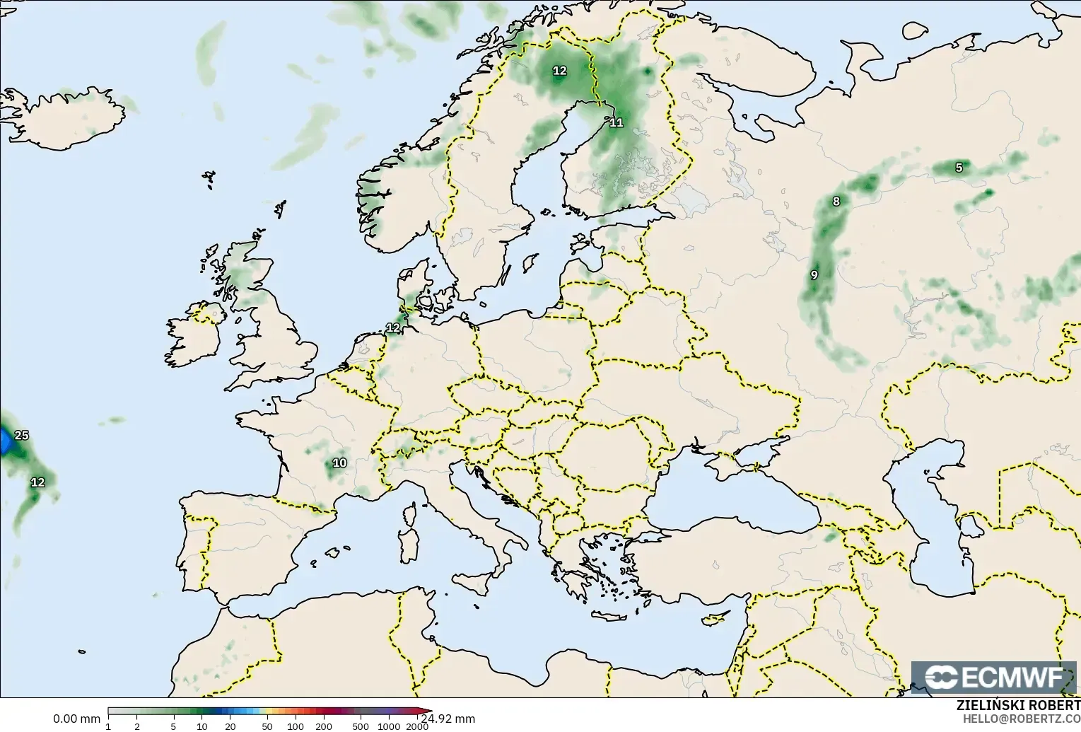 ECMWF IFS 0.25° model - Avrupa, Yağış Birikimi