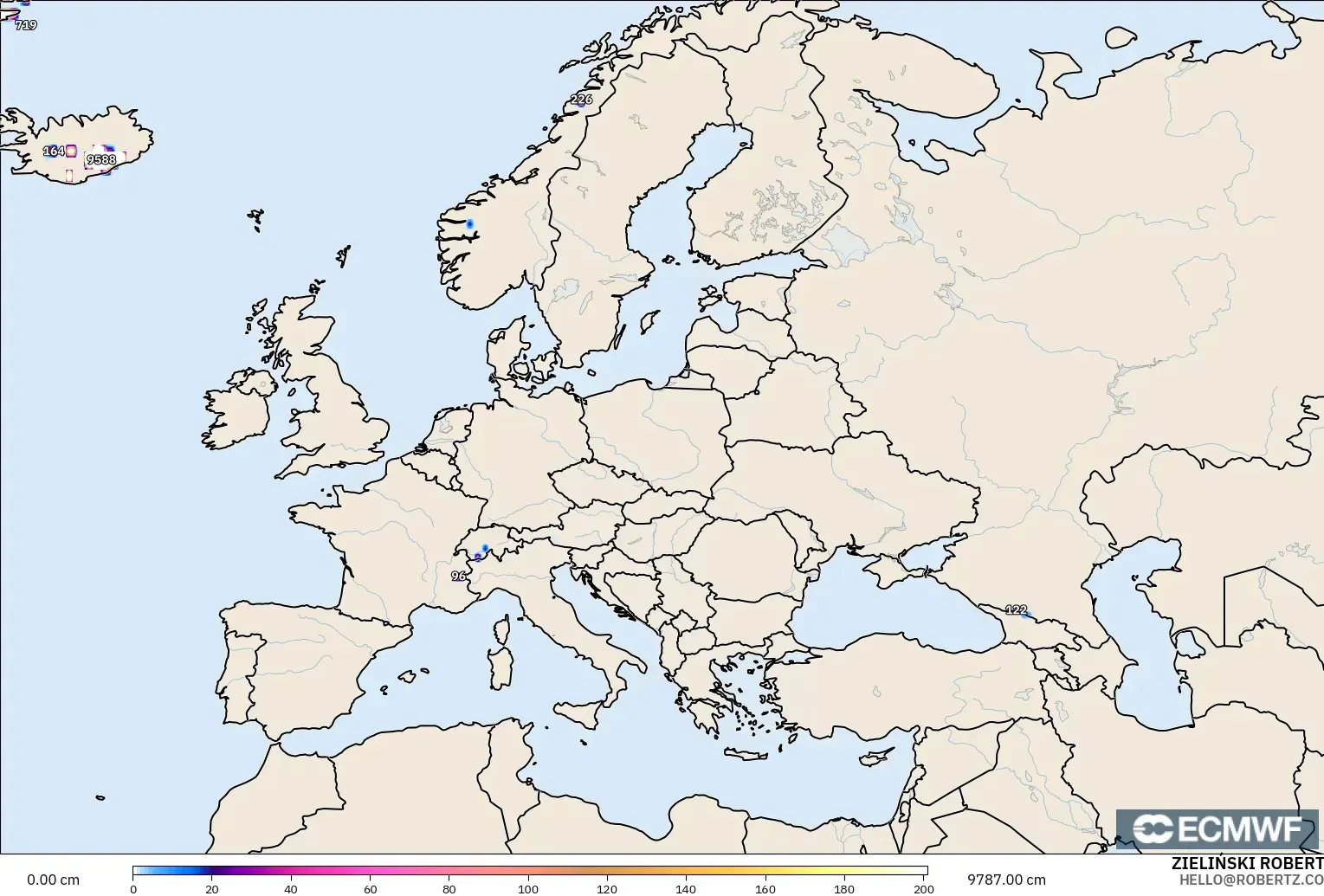 ECMWF IFS 0.25° model - Avrupa, Kar Kalınlığı