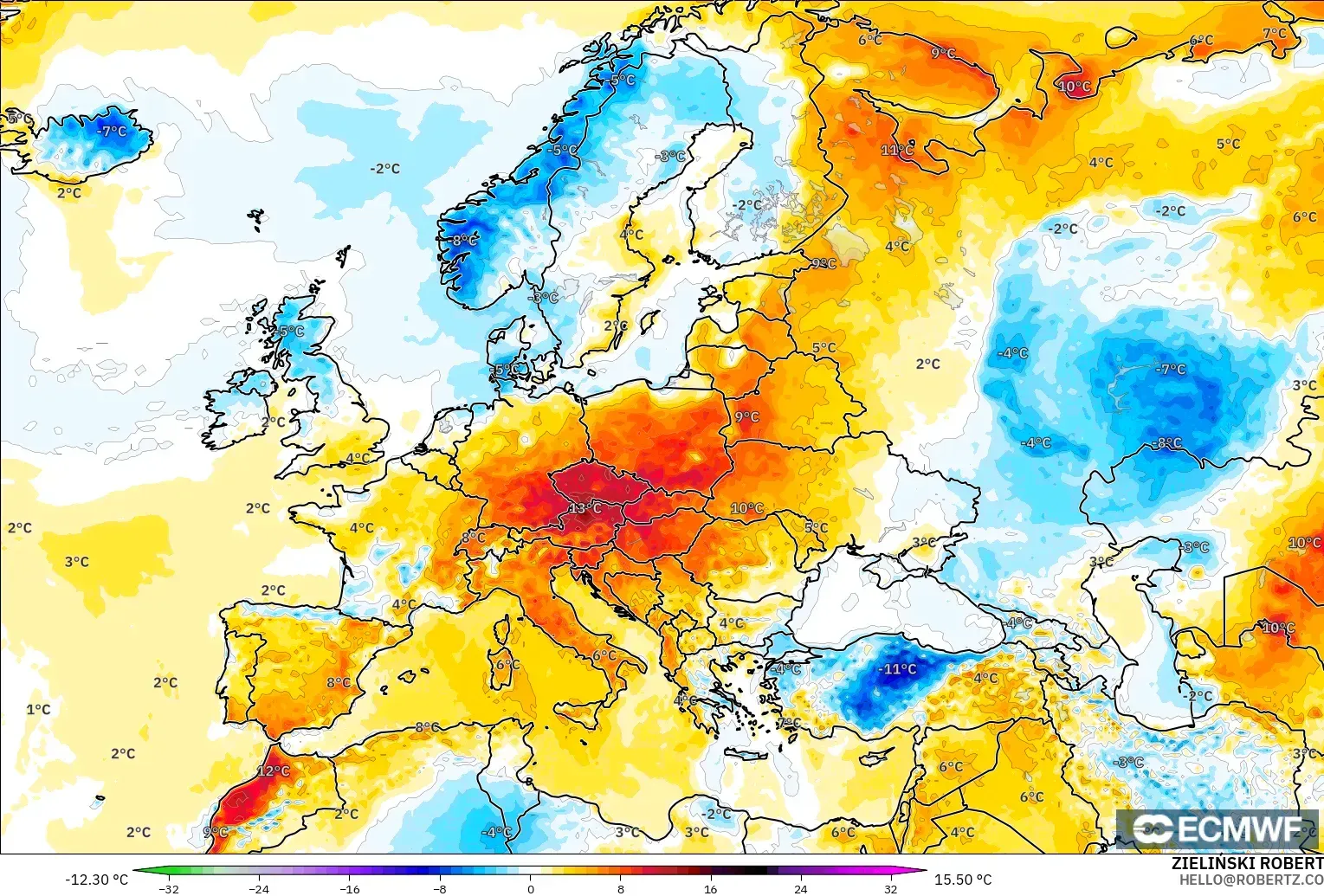 ECMWF IFS 0.25° model - Avrupa, 2 m Sıcaklık Anomalisi