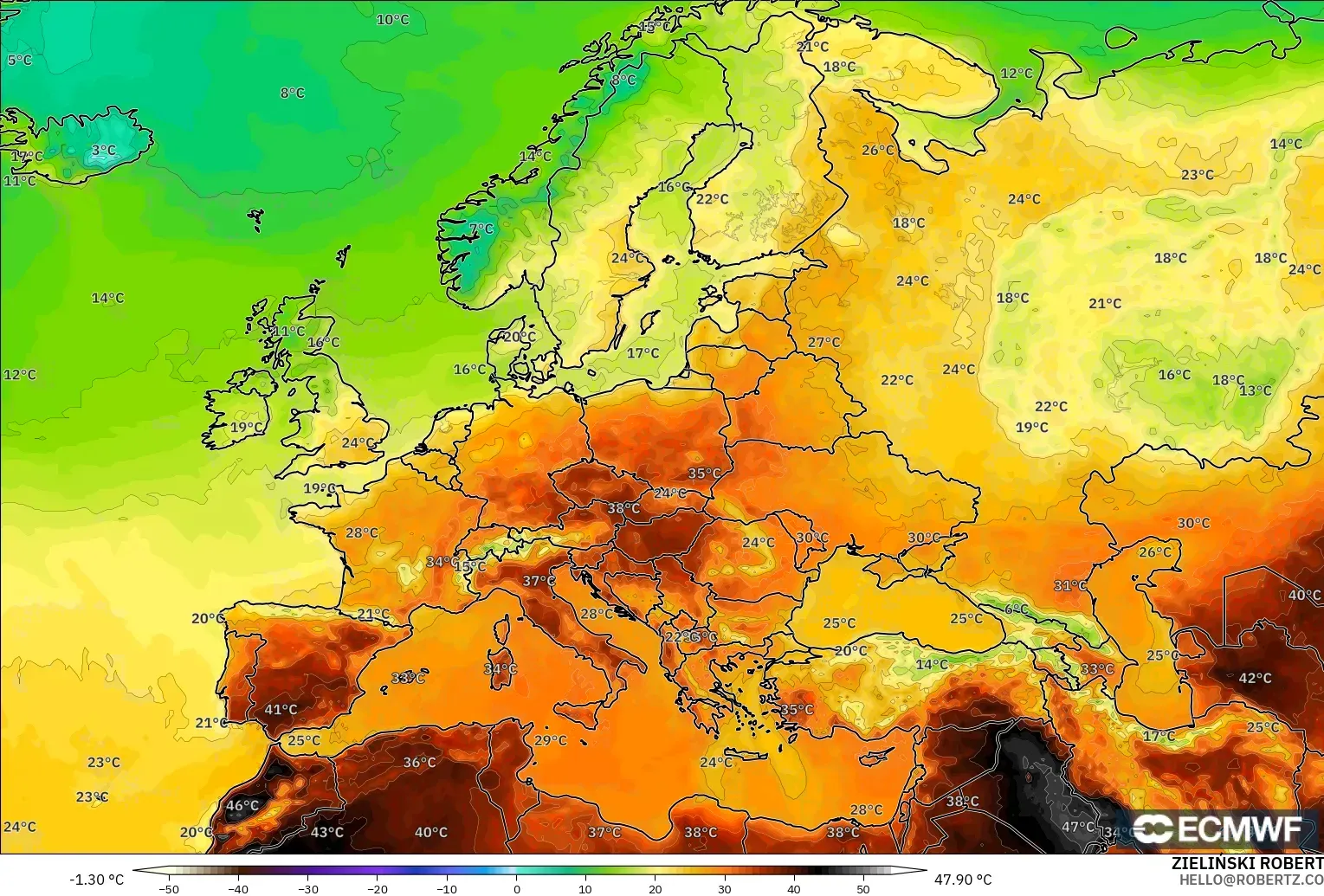 ECMWF IFS 0.25° model - Avrupa, 2 m Sıcaklık