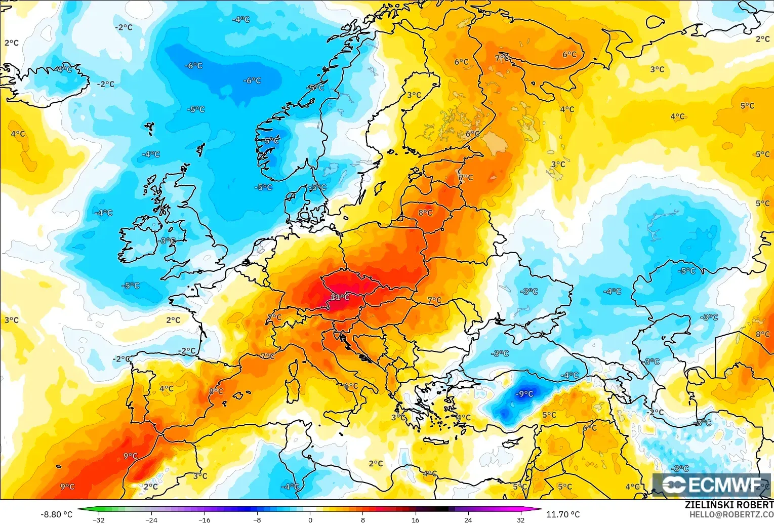ECMWF IFS 0.25° model - Avrupa, 850 hPa Sıcaklık Anomalisi