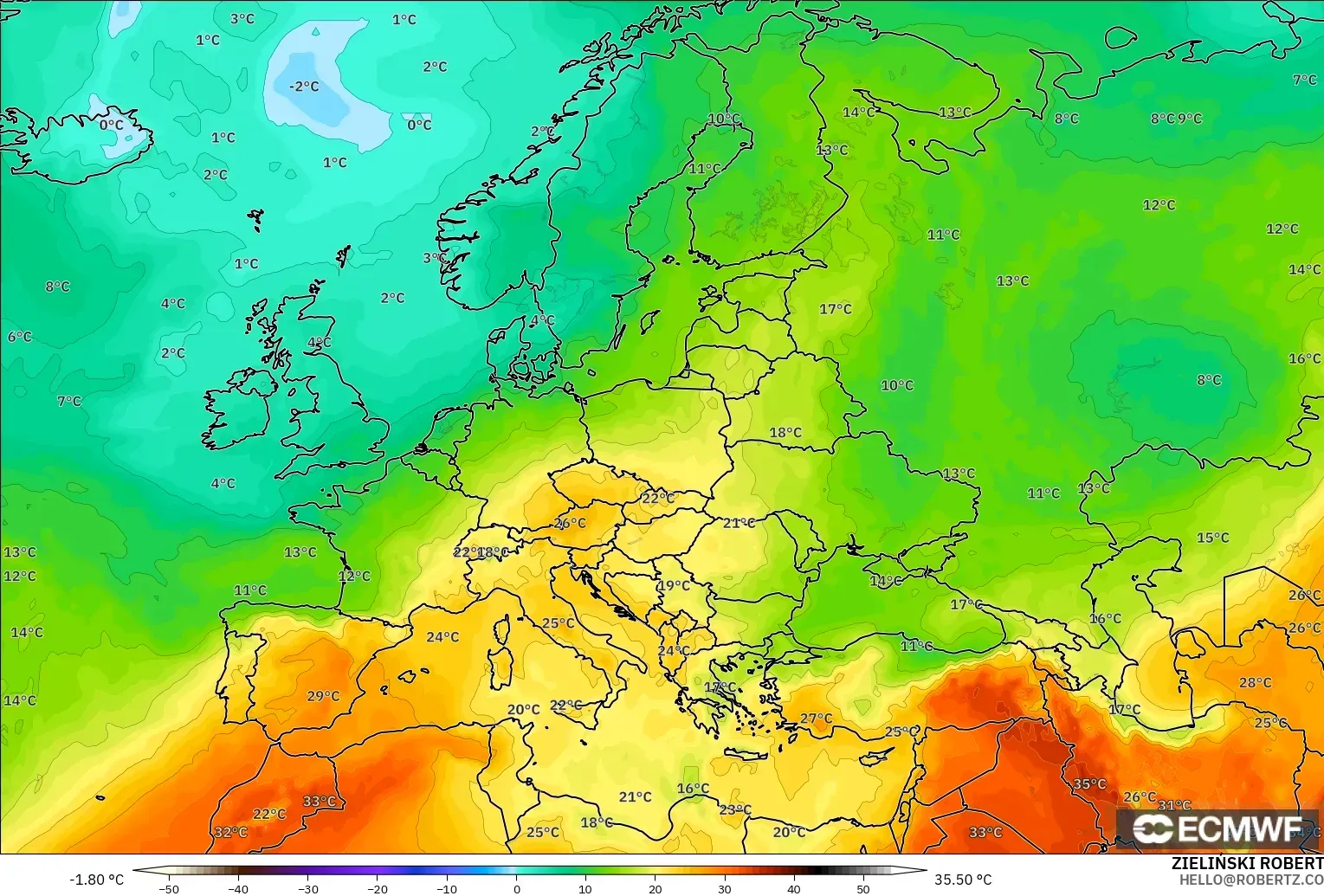 ECMWF IFS 0.25° model - Avrupa, 850 hPa Sıcaklık