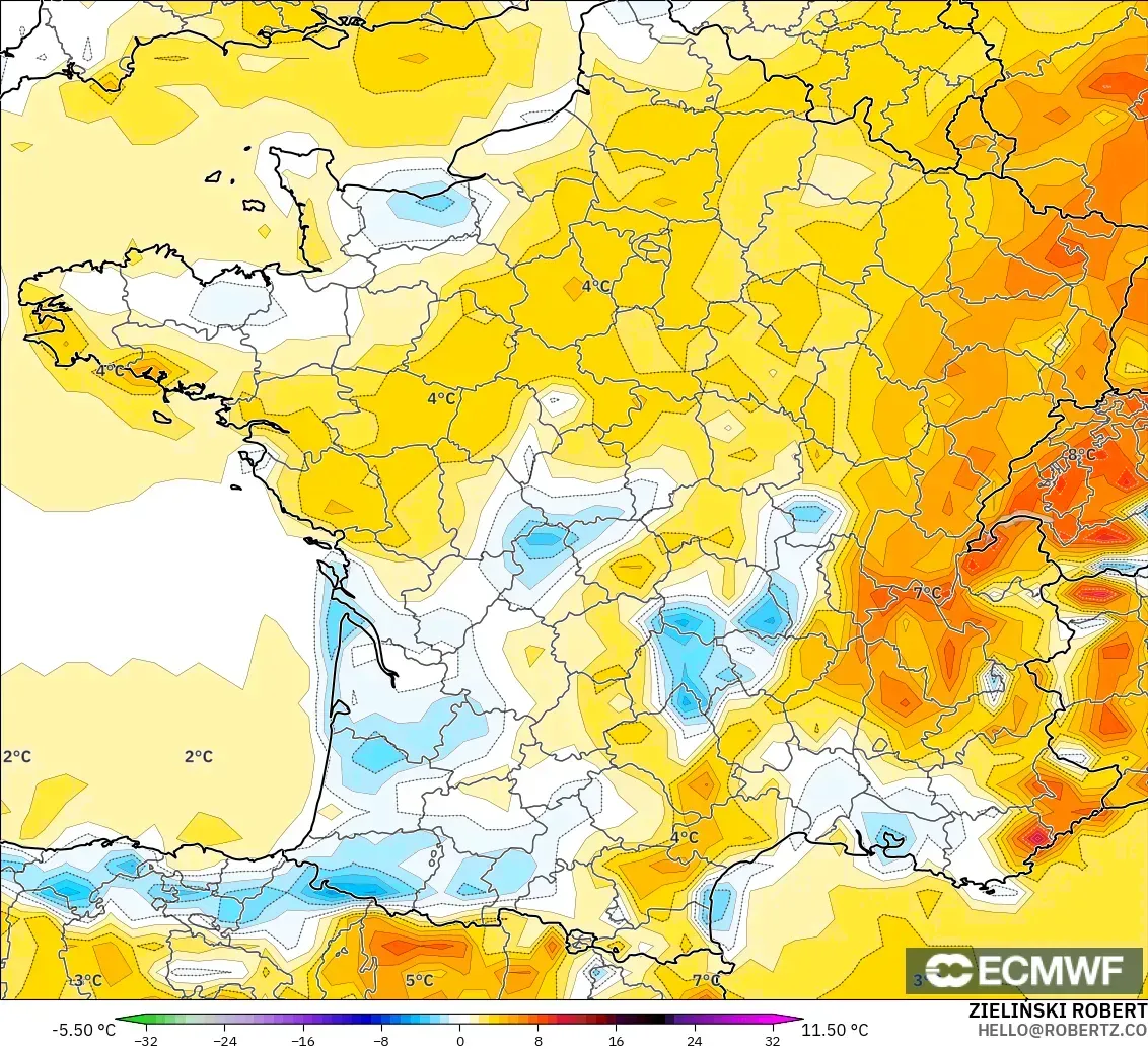 ECMWF IFS 0.25° model - Fransa, 2 m Sıcaklık Anomalisi