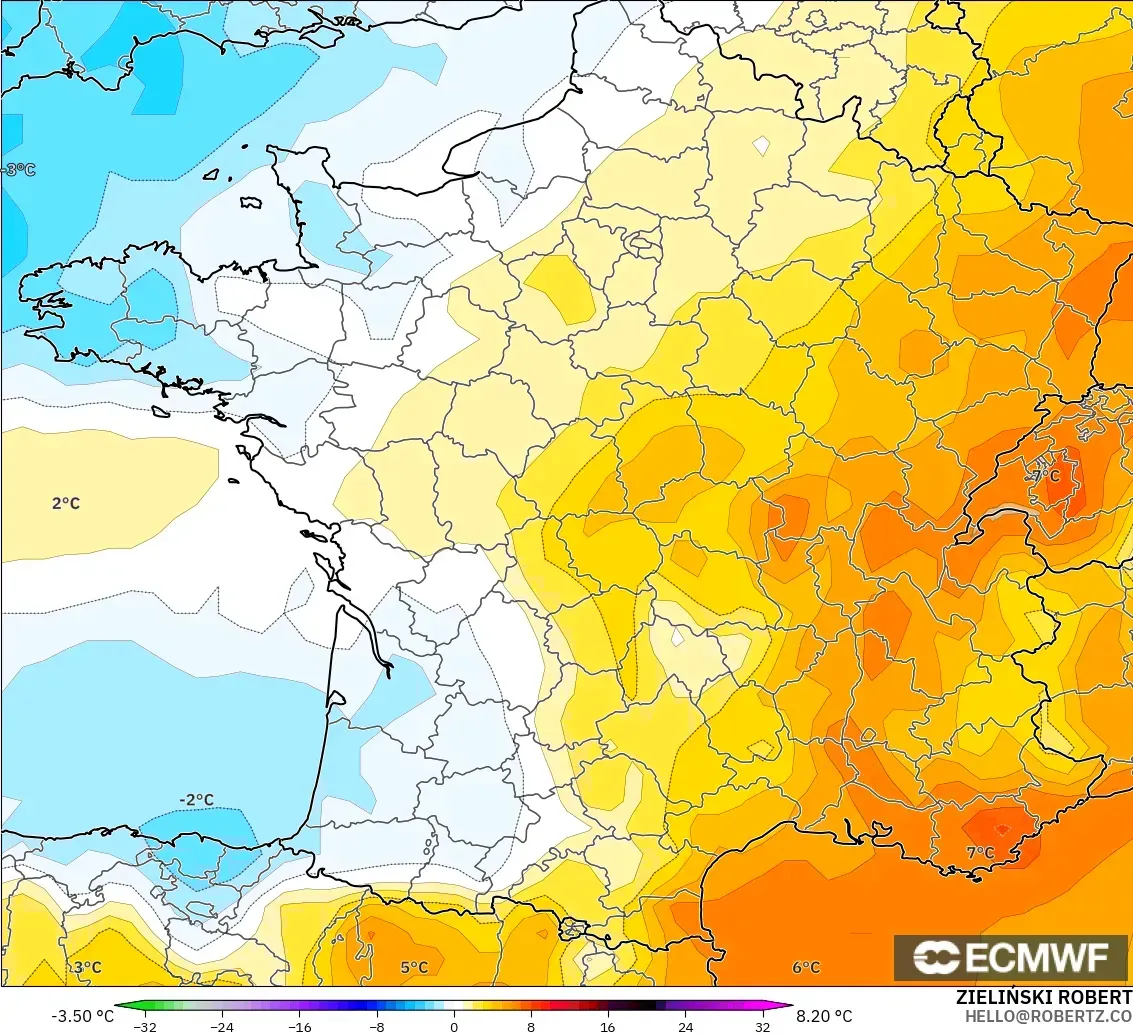 ECMWF IFS 0.25° model - Fransa, 850 hPa Sıcaklık Anomalisi