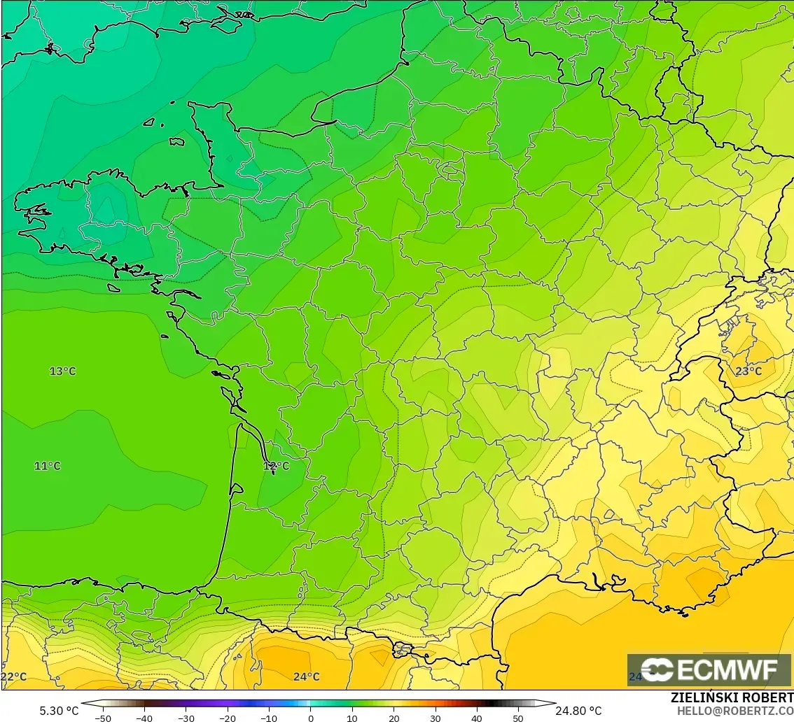 ECMWF IFS 0.25° model - Fransa, 850 hPa Sıcaklık