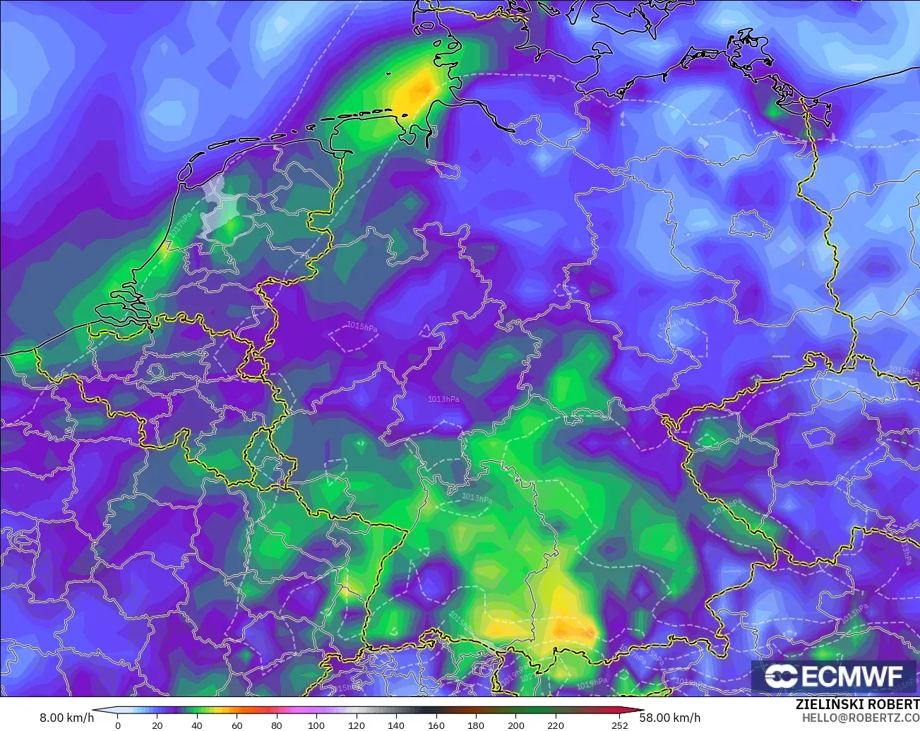 ECMWF IFS 0.25° model - Almanya, En Yüksek Rüzgâr
