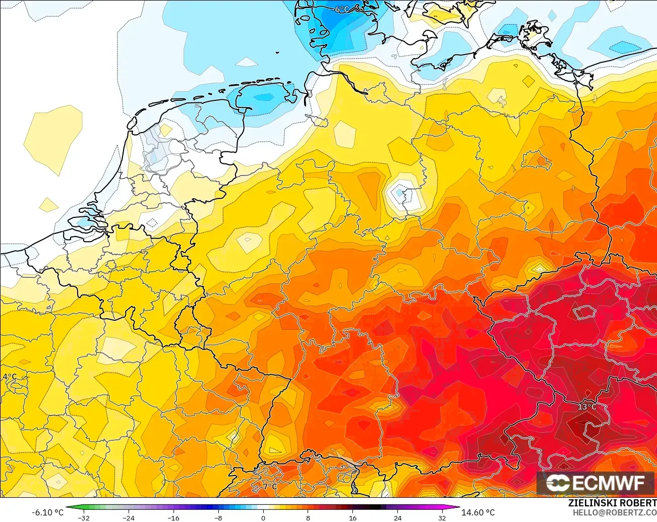 ECMWF IFS 0.25° model - Almanya, 2 m Sıcaklık Anomalisi