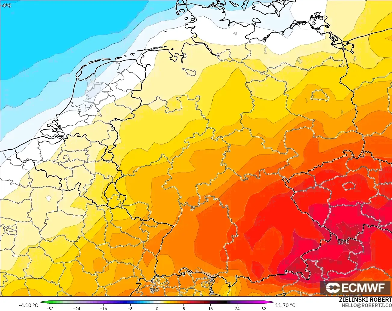 ECMWF IFS 0.25° model - Almanya, 850 hPa Sıcaklık Anomalisi