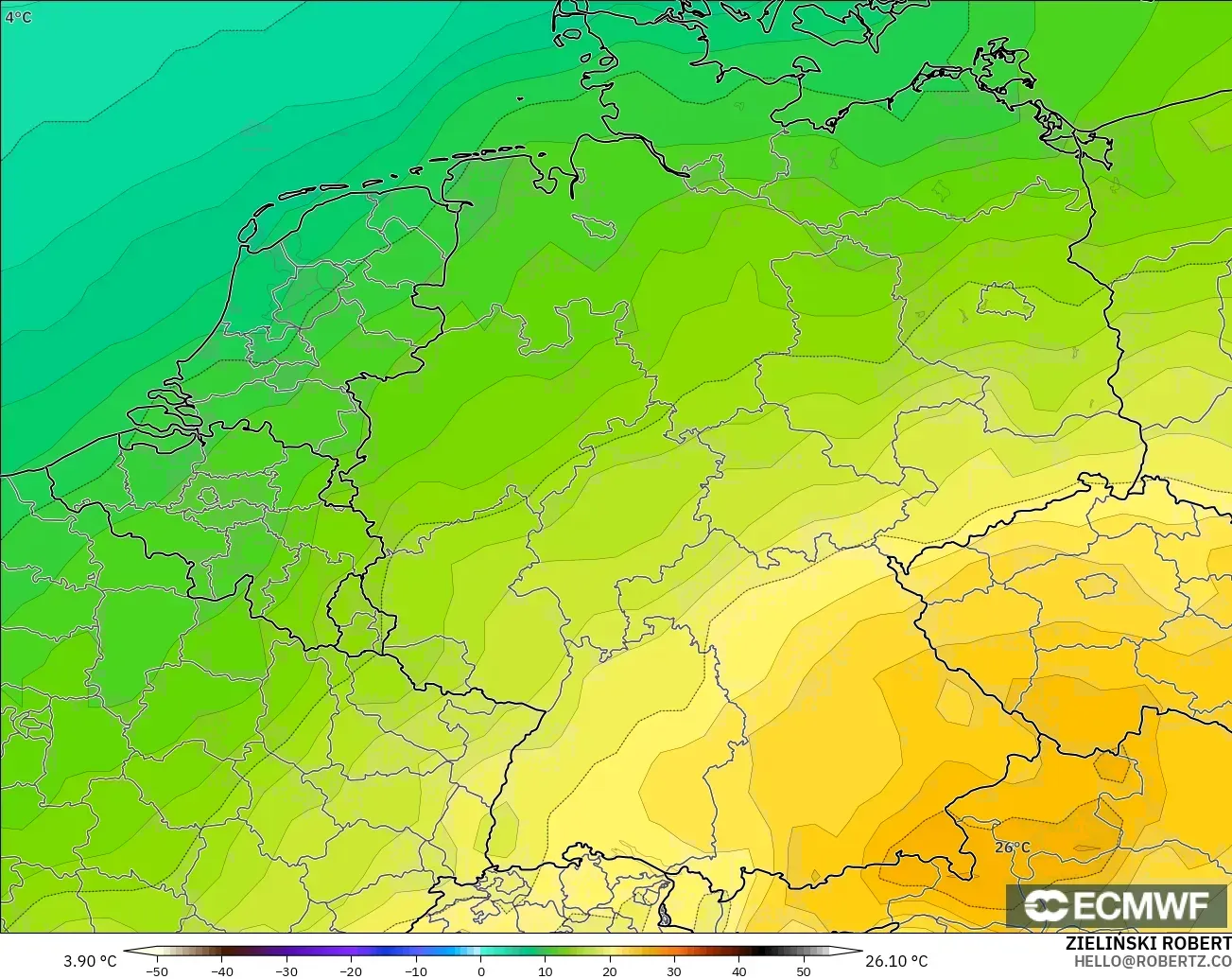 ECMWF IFS 0.25° model - Almanya, 850 hPa Sıcaklık