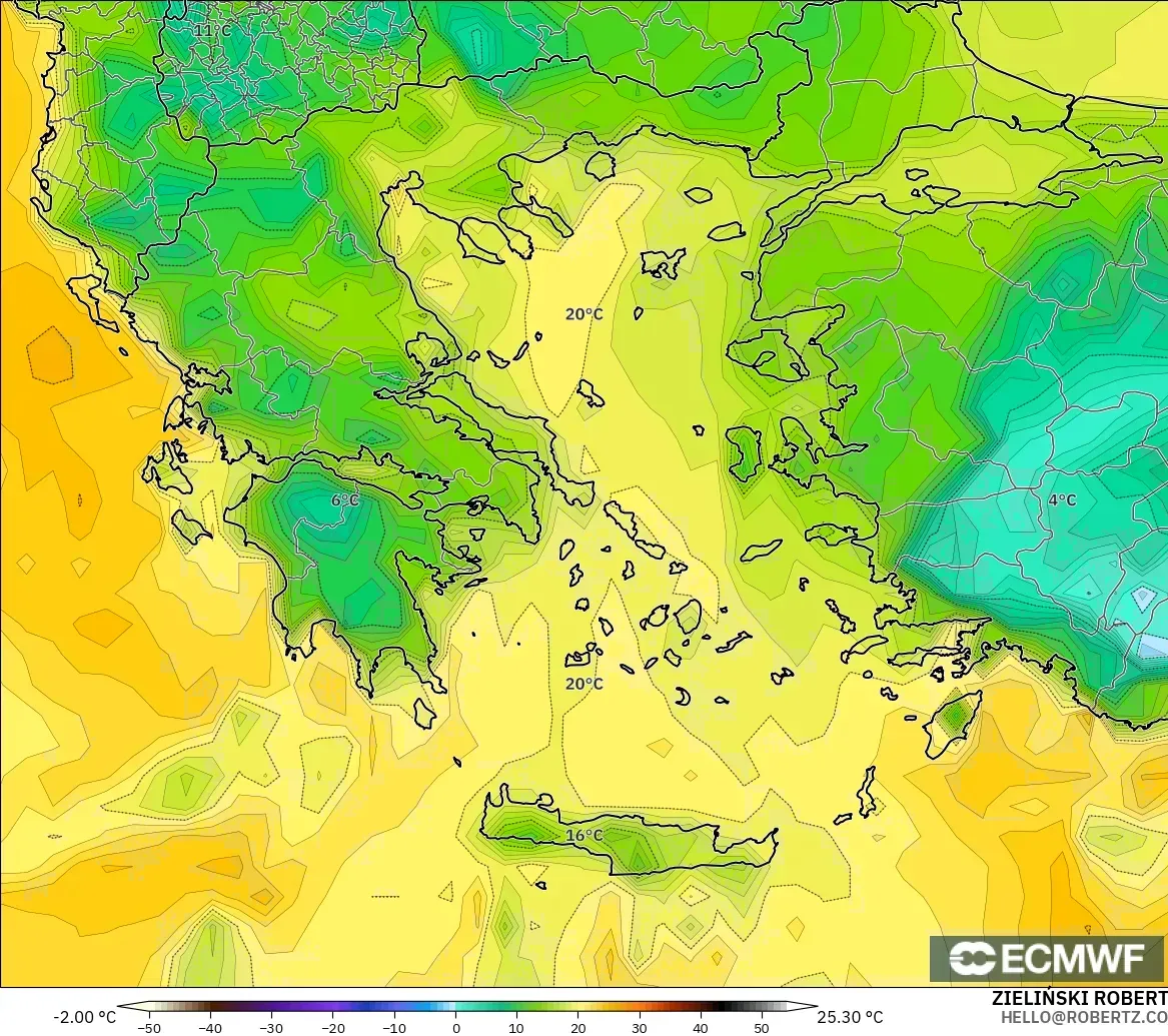 ECMWF IFS 0.25° model - Yunanistan, 2 m Çiy Noktası