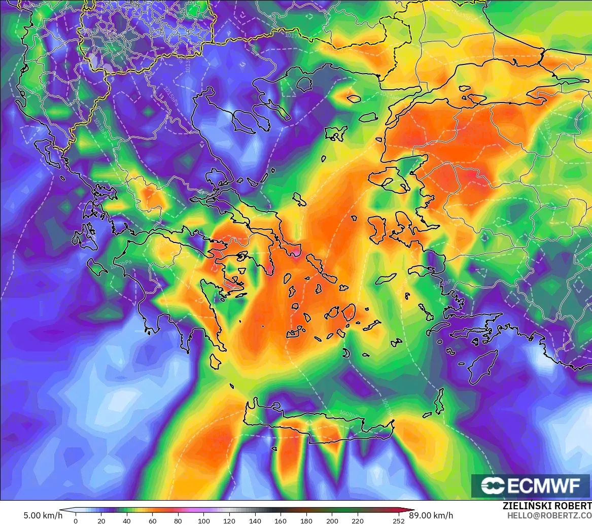 ECMWF IFS 0.25° model - Yunanistan, En Yüksek Rüzgâr