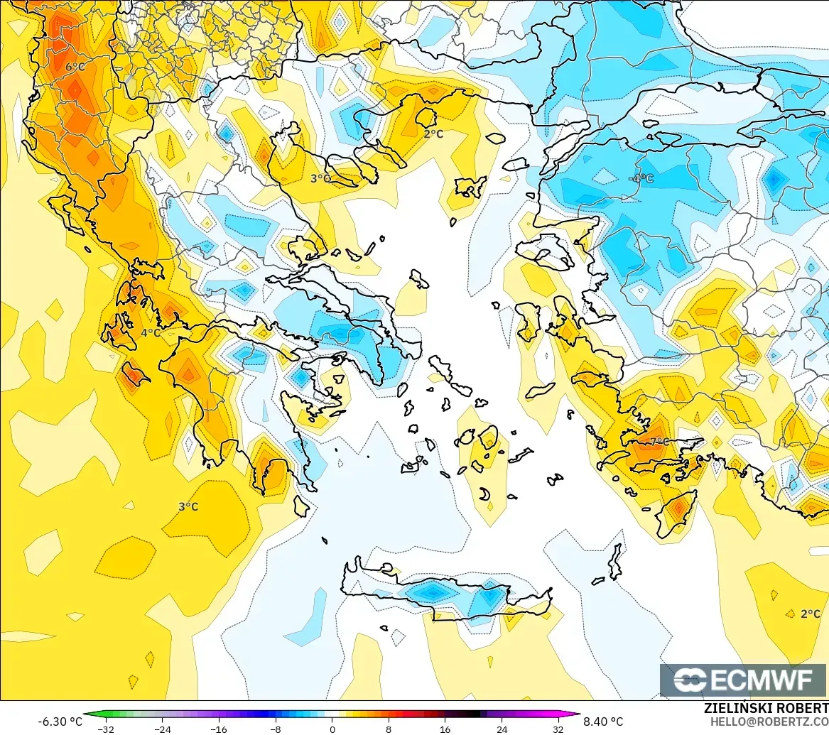 ECMWF IFS 0.25° model - Yunanistan, 2 m Sıcaklık Anomalisi