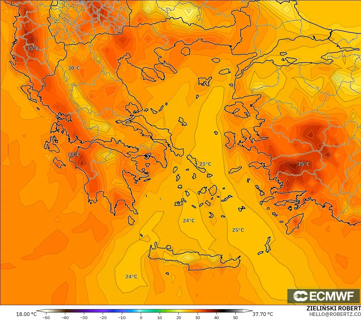 ECMWF IFS 0.25° model - Yunanistan, 2 m Sıcaklık