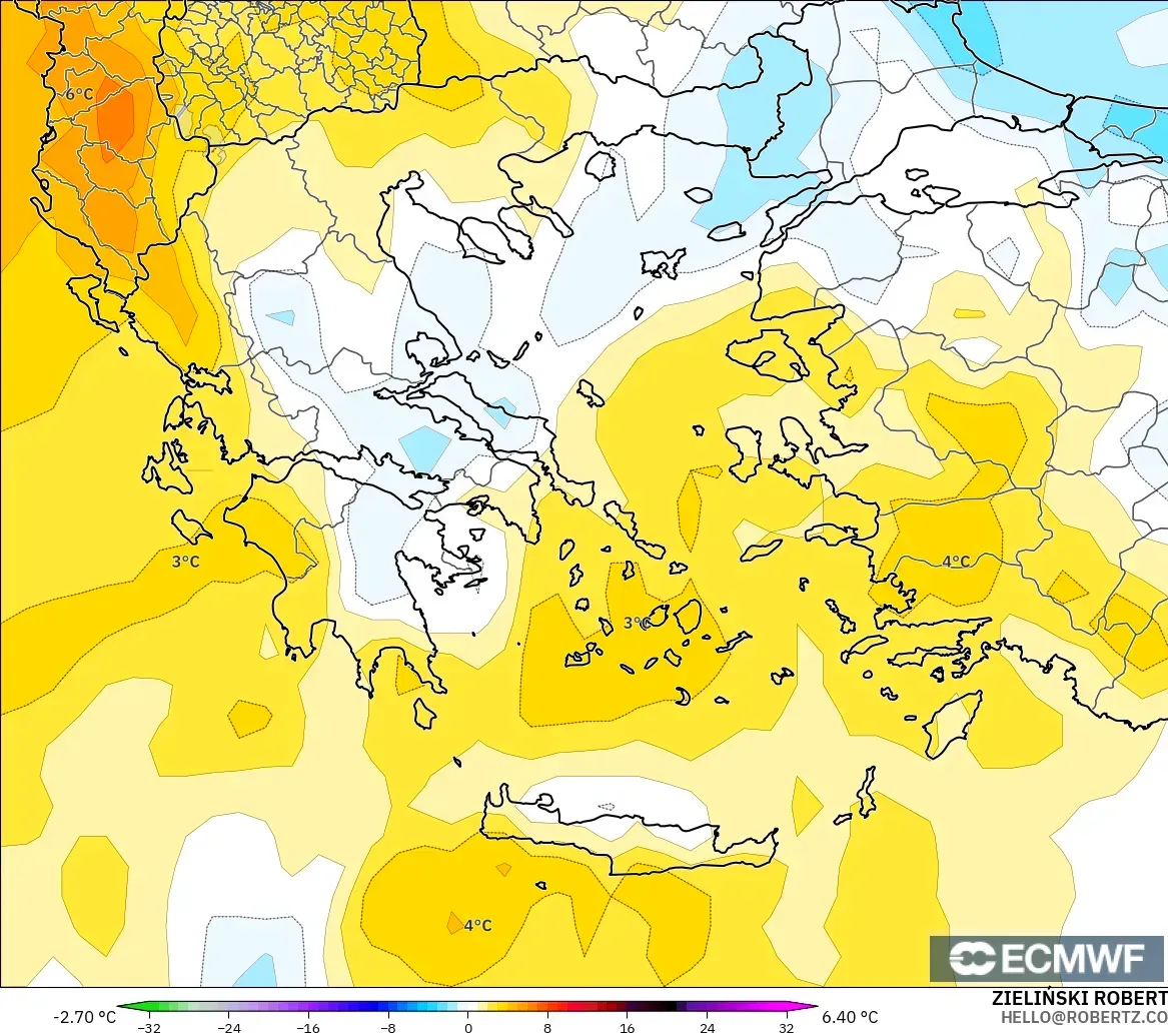 ECMWF IFS 0.25° model - Yunanistan, 850 hPa Sıcaklık Anomalisi