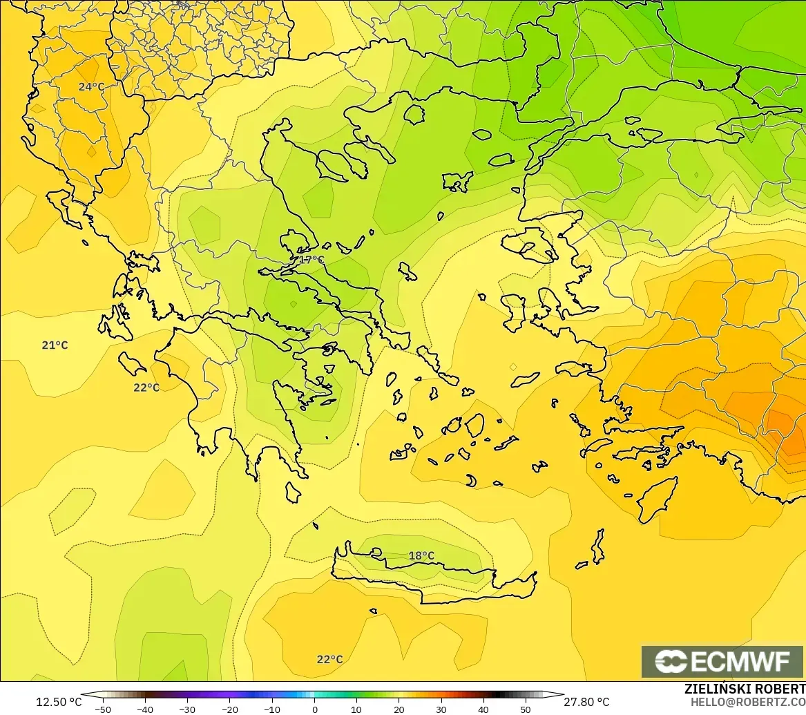 ECMWF IFS 0.25° model - Yunanistan, 850 hPa Sıcaklık
