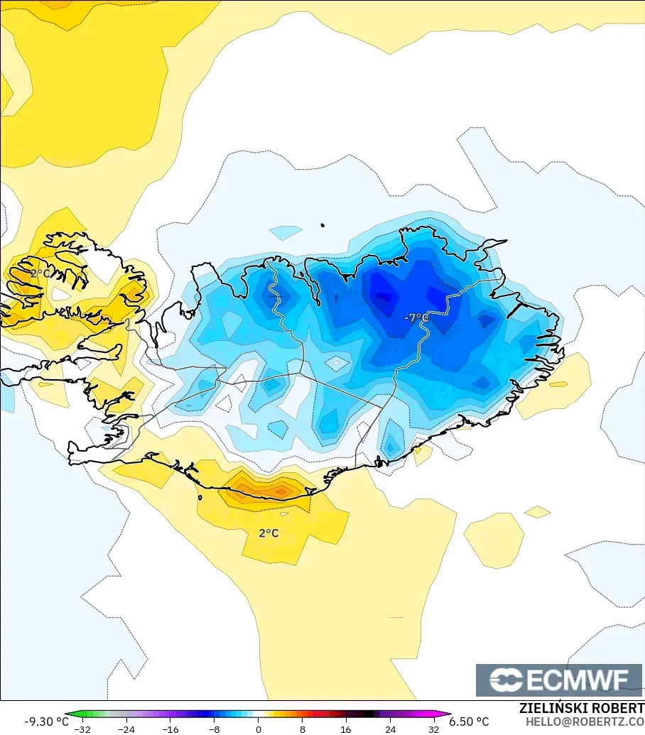 ECMWF IFS 0.25° model - İzlanda, 2 m Sıcaklık Anomalisi