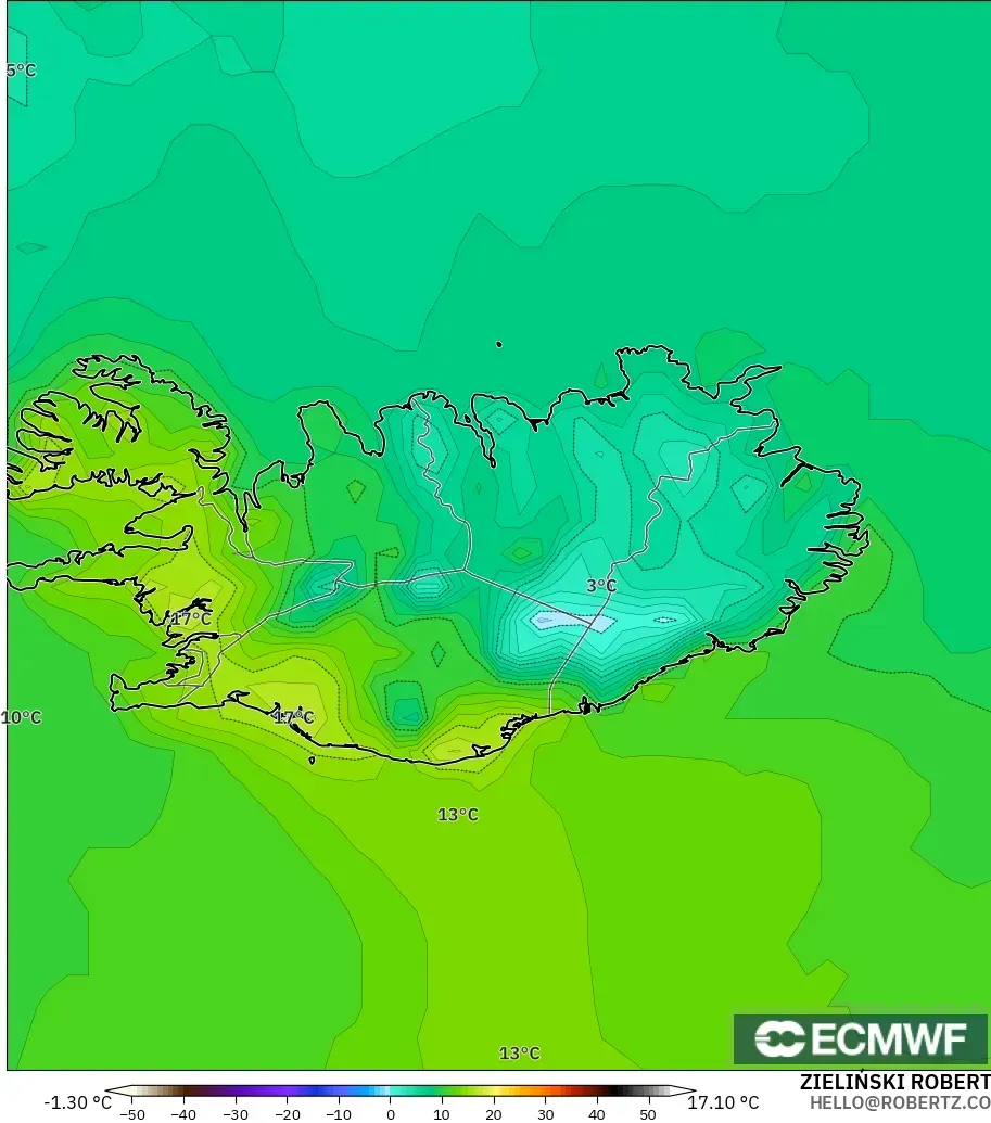 ECMWF IFS 0.25° model - İzlanda, 2 m Sıcaklık