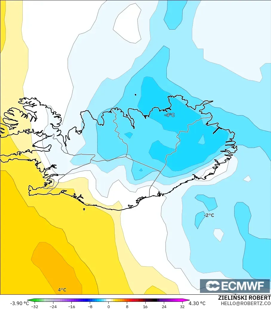 ECMWF IFS 0.25° model - İzlanda, 850 hPa Sıcaklık Anomalisi