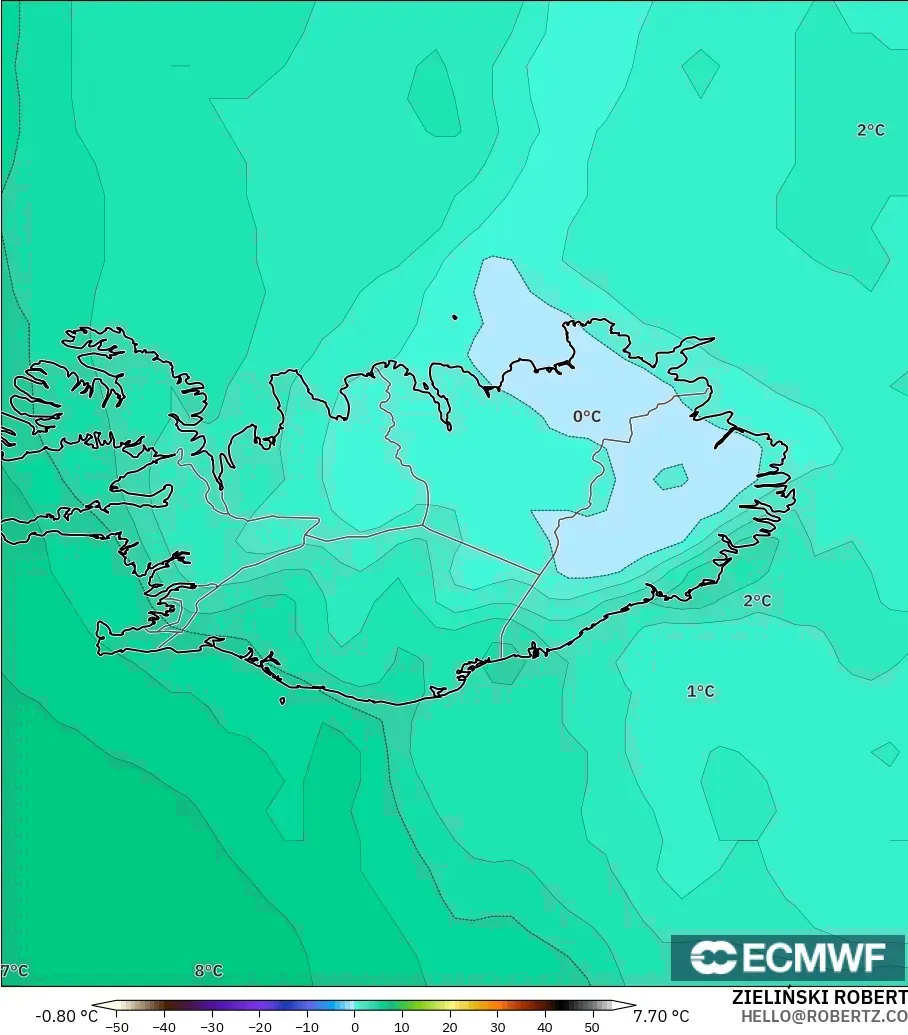ECMWF IFS 0.25° model - İzlanda, 850 hPa Sıcaklık