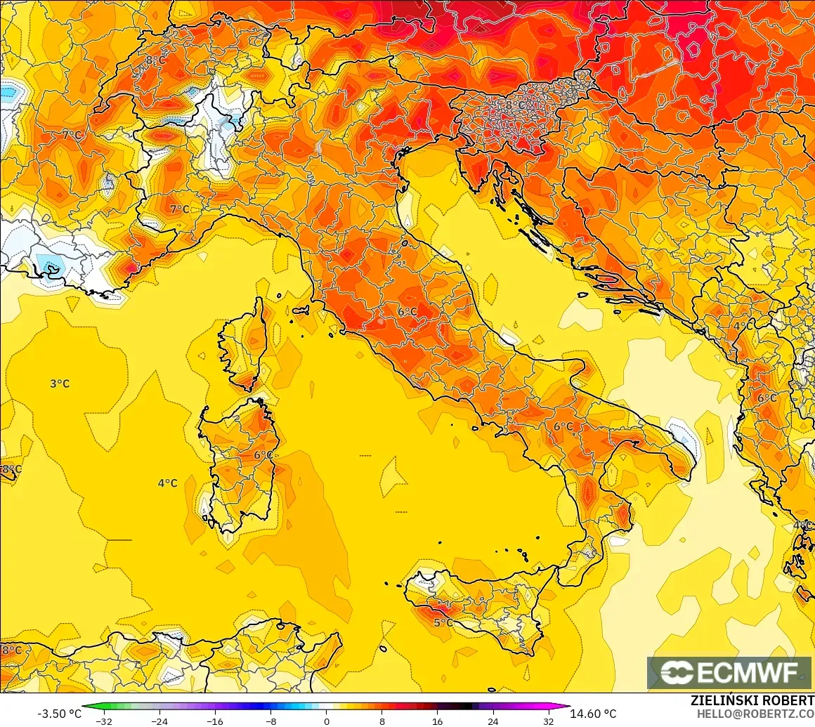 ECMWF IFS 0.25° model - İtalya, 2 m Sıcaklık Anomalisi