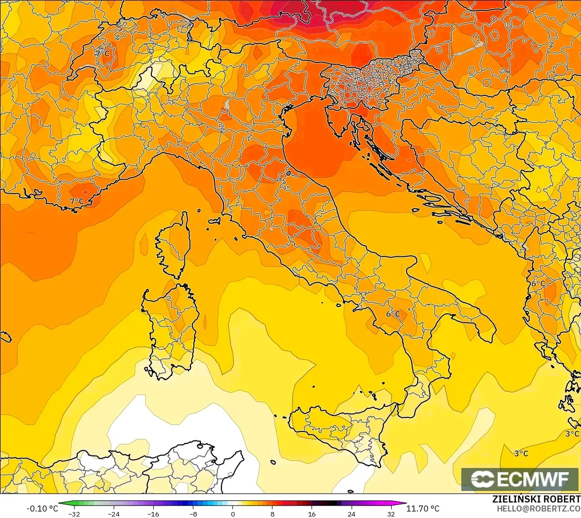 ECMWF IFS 0.25° model - İtalya, 850 hPa Sıcaklık Anomalisi