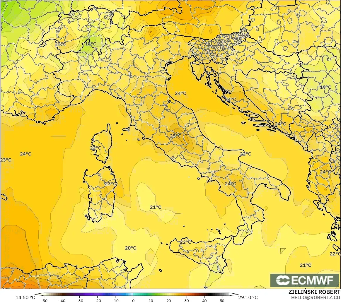 ECMWF IFS 0.25° model - İtalya, 850 hPa Sıcaklık