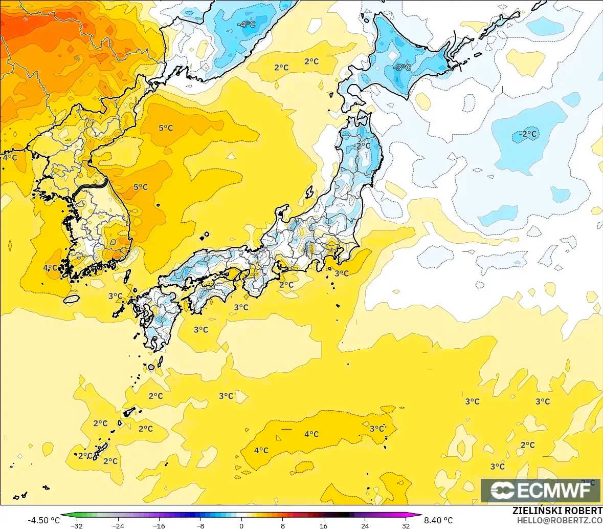 ECMWF IFS 0.25° model - Japonya, 2 m Sıcaklık Anomalisi