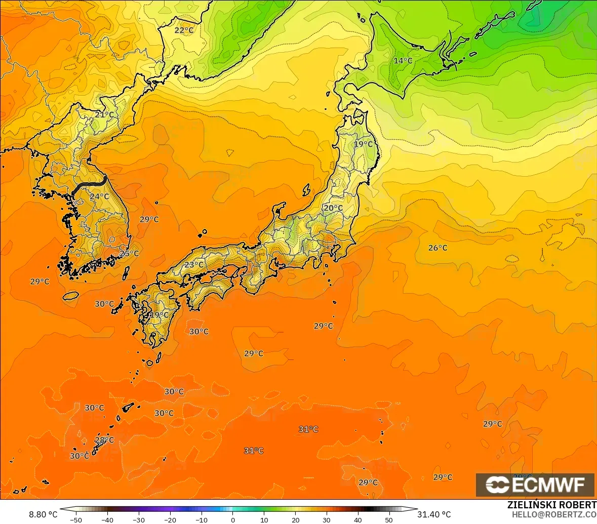 ECMWF IFS 0.25° model - Japonya, 2 m Sıcaklık