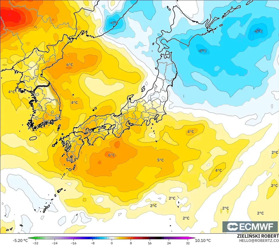 ECMWF IFS 0.25° model - Japonya, 850 hPa Sıcaklık Anomalisi