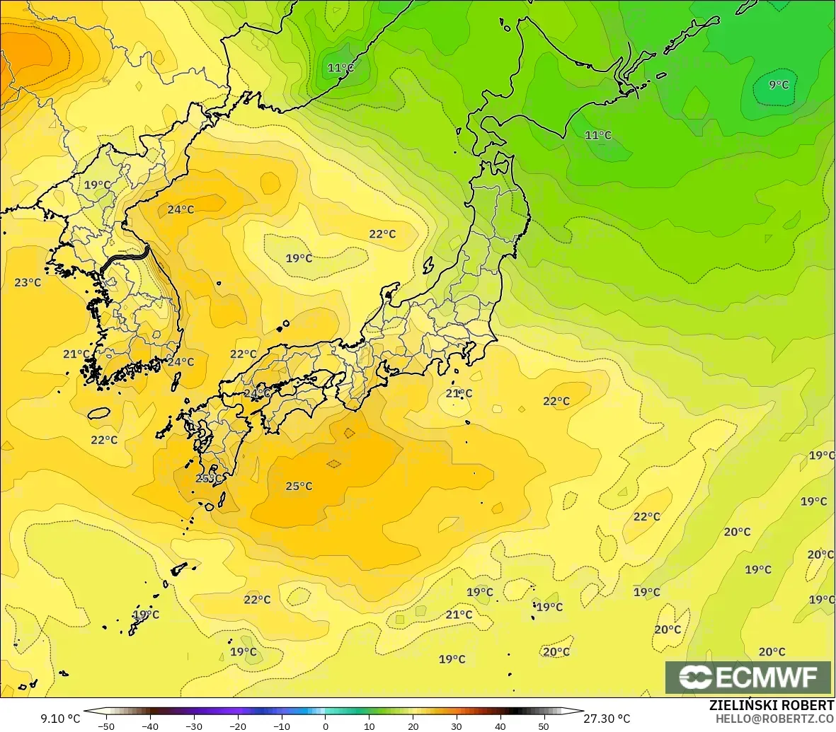 ECMWF IFS 0.25° model - Japonya, 850 hPa Sıcaklık
