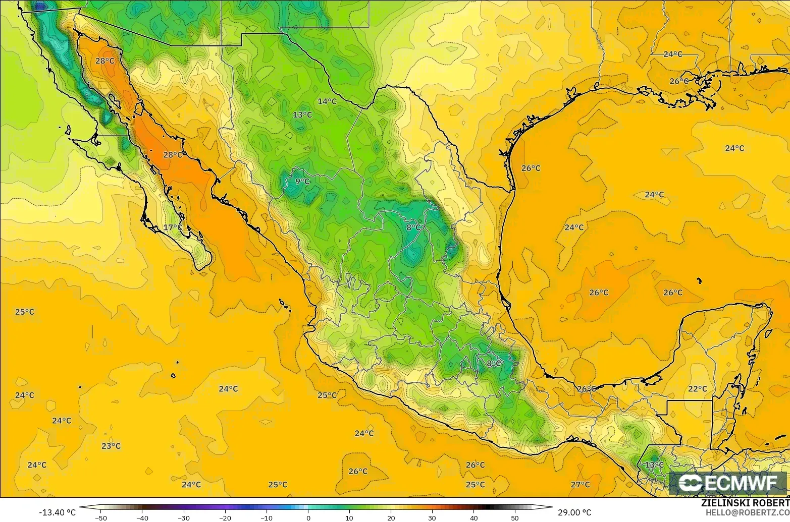 ECMWF IFS 0.25° model - Meksika, 2 m Çiy Noktası