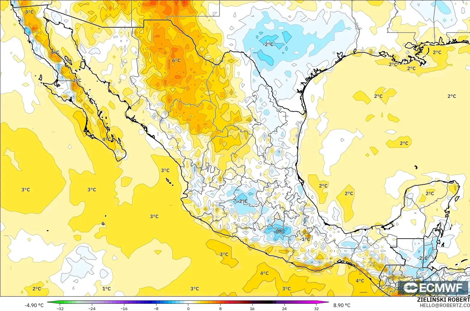 ECMWF IFS 0.25° model - Meksika, 2 m Sıcaklık Anomalisi