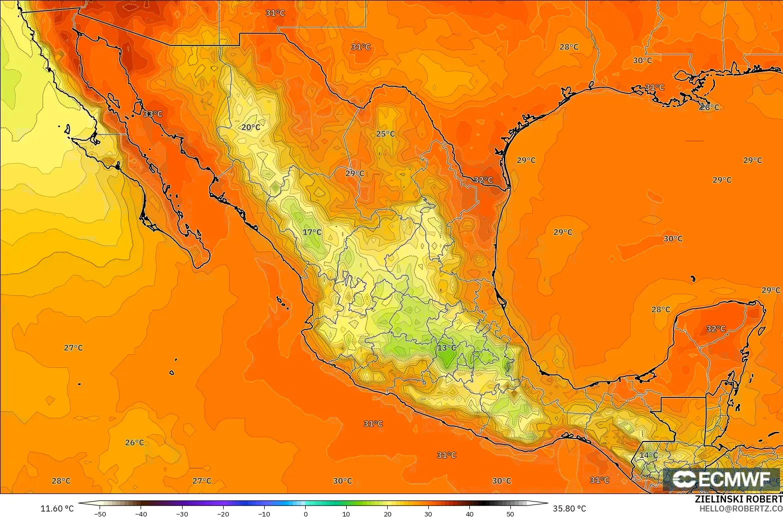 ECMWF IFS 0.25° model - Meksika, 2 m Sıcaklık