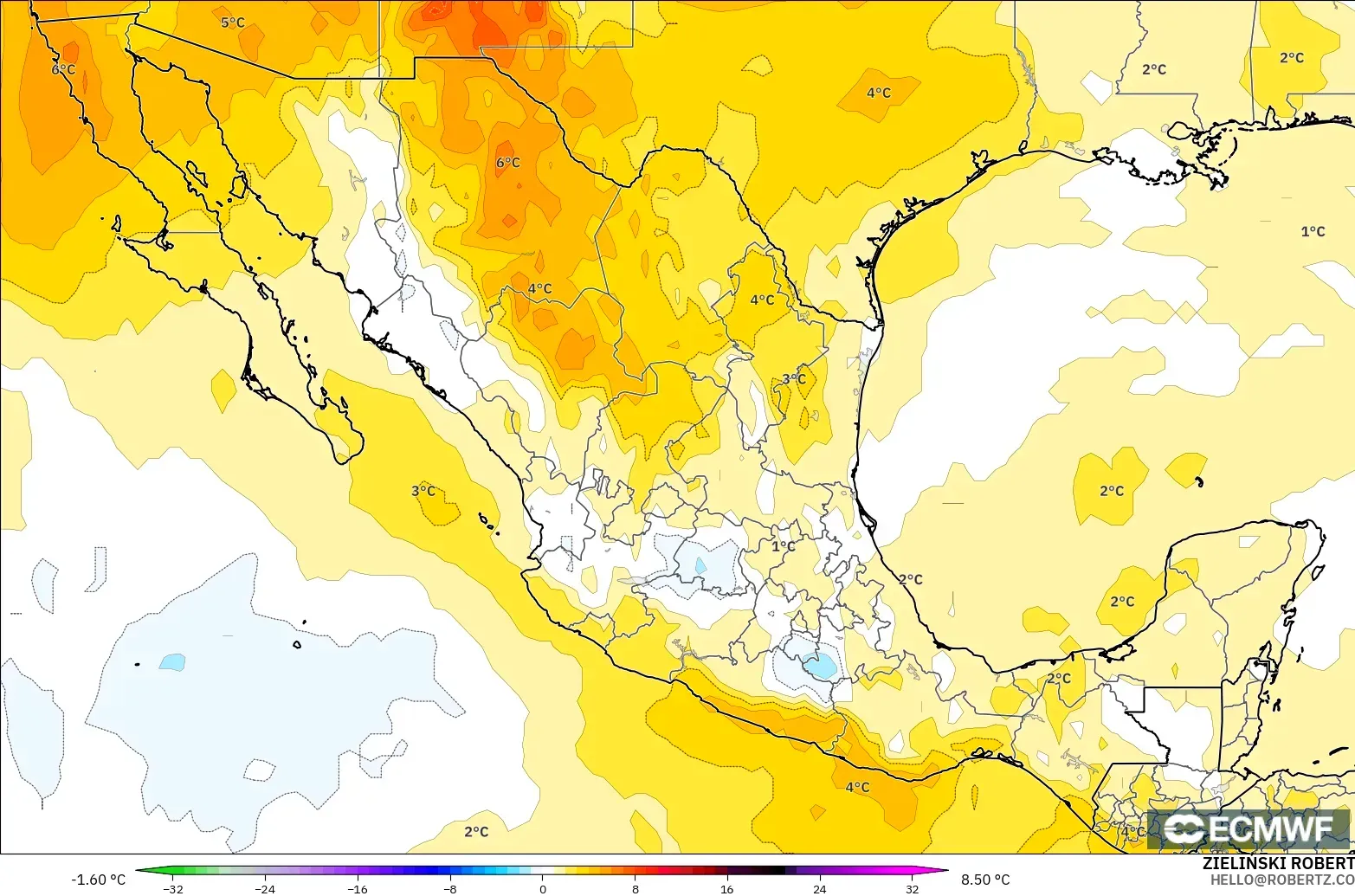 ECMWF IFS 0.25° model - Meksika, 850 hPa Sıcaklık Anomalisi