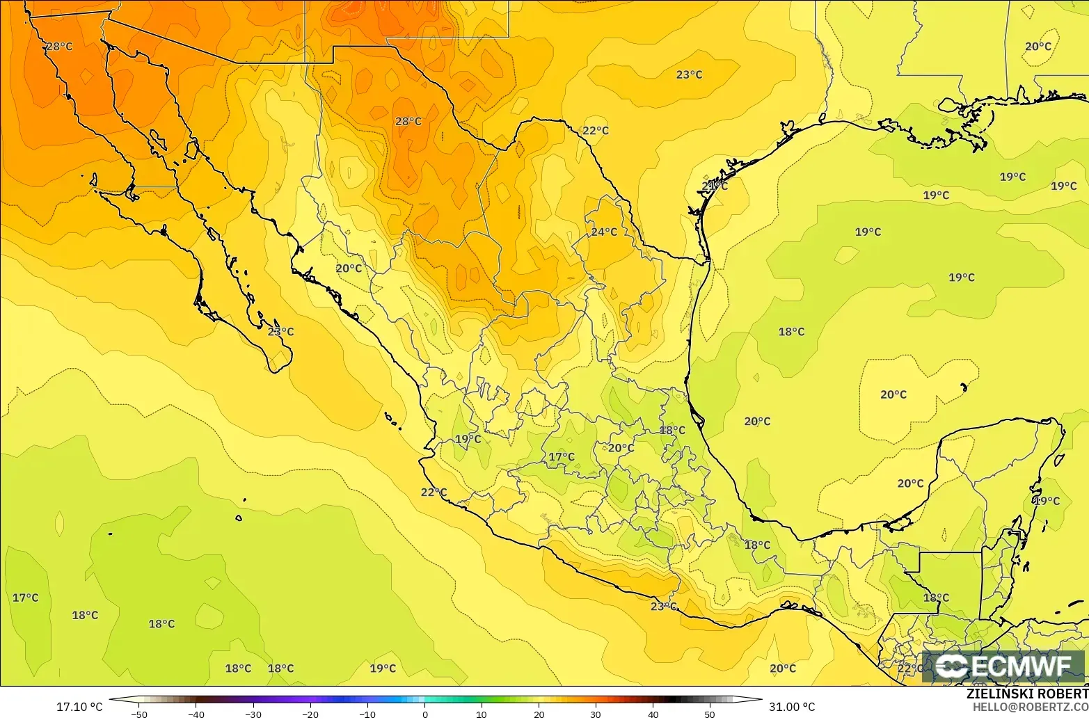 ECMWF IFS 0.25° model - Meksika, 850 hPa Sıcaklık
