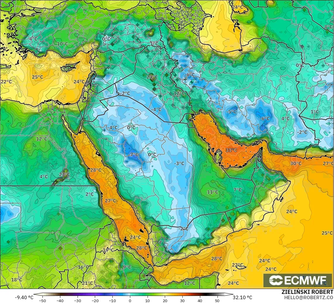 ECMWF IFS 0.25° model - Orta Doğu, 2 m Çiy Noktası