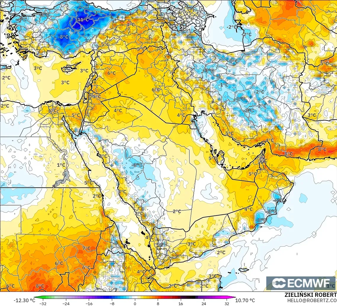 ECMWF IFS 0.25° model - Orta Doğu, 2 m Sıcaklık Anomalisi