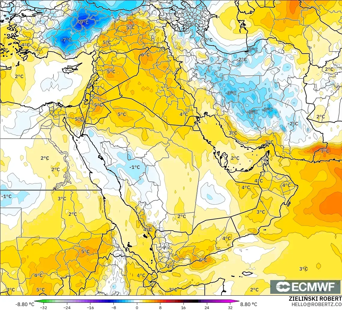 ECMWF IFS 0.25° model - Orta Doğu, 850 hPa Sıcaklık Anomalisi