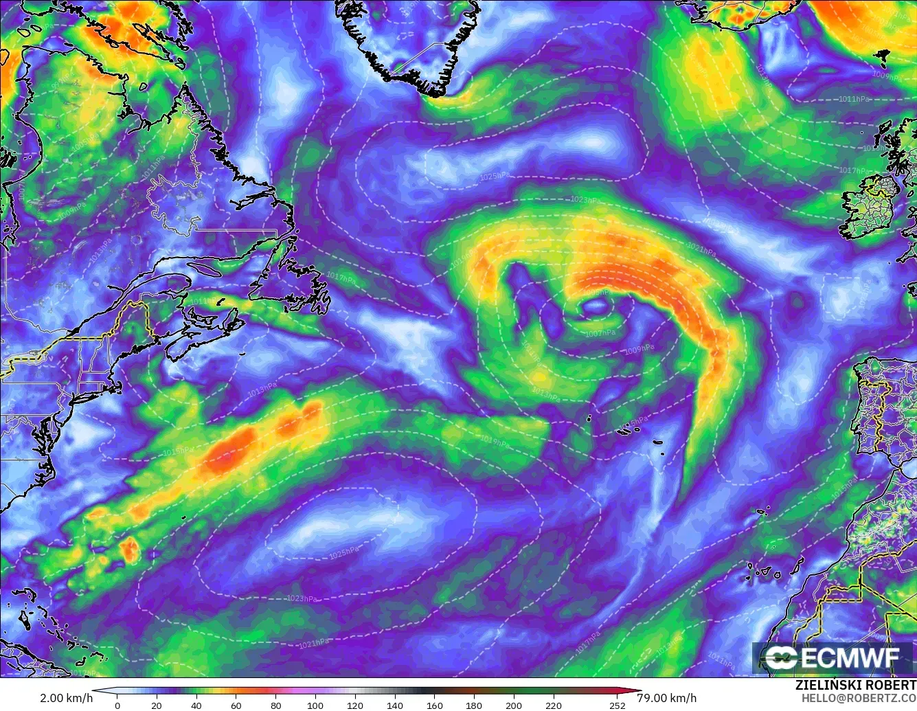 ECMWF IFS 0.25° model - Kuzey Atlantik, Rüzgâr Esintileri