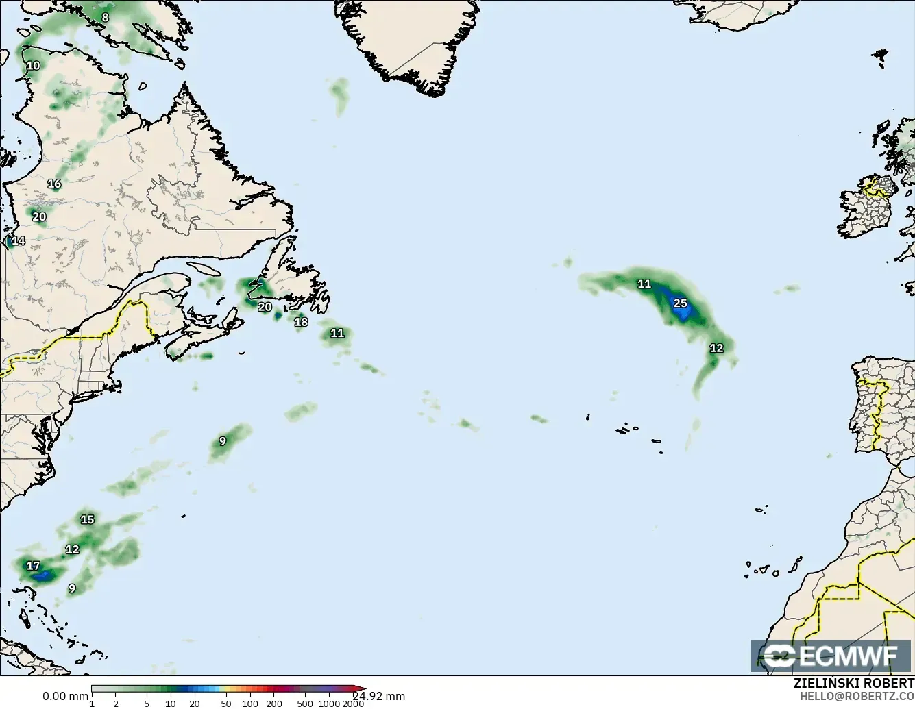 ECMWF IFS 0.25° model - Kuzey Atlantik, Yağış Birikimi