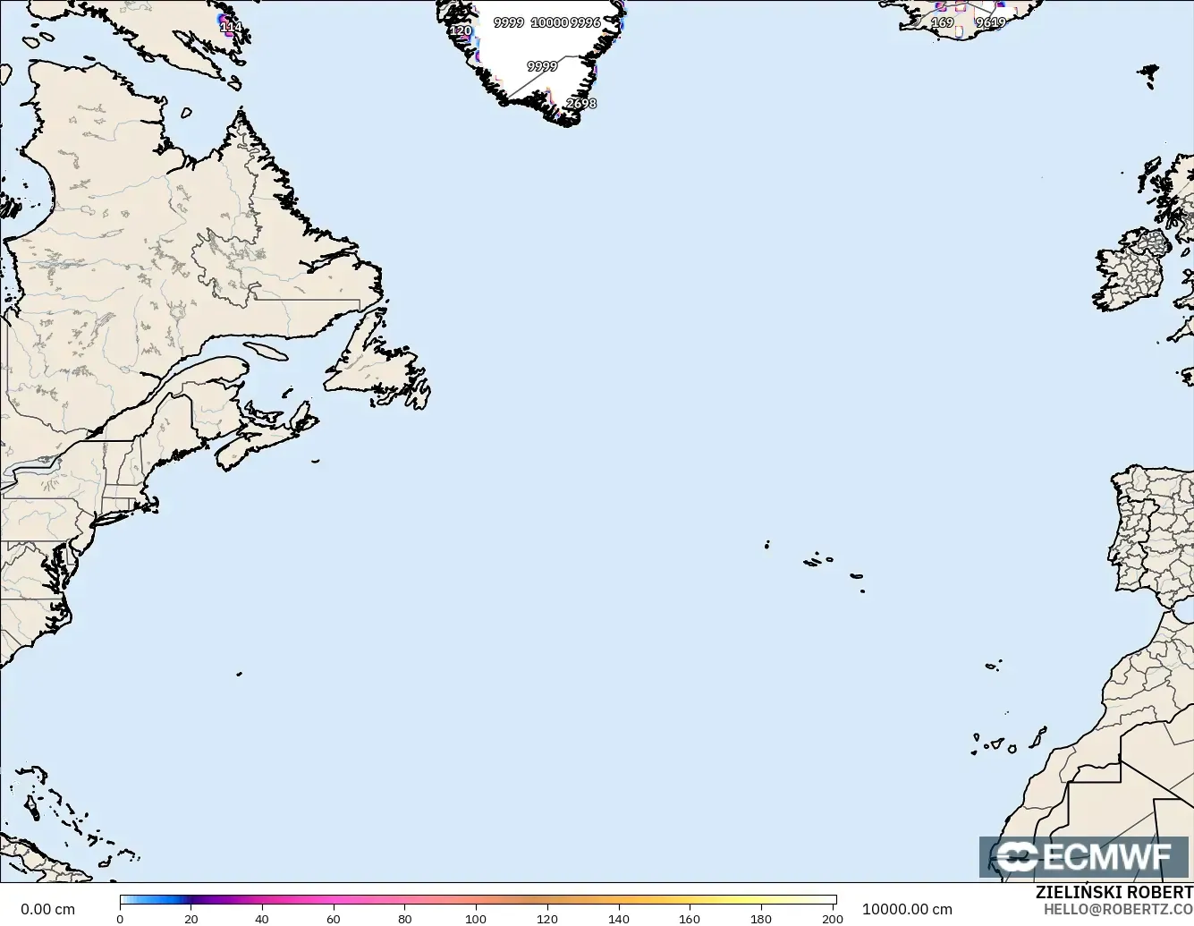 ECMWF IFS 0.25° model - Kuzey Atlantik, Kar Kalınlığı