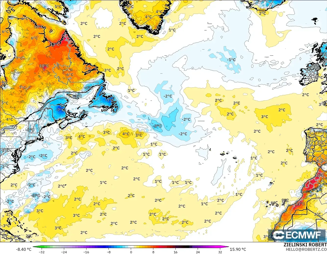 ECMWF IFS 0.25° model - Kuzey Atlantik, 2 m Sıcaklık Anomalisi
