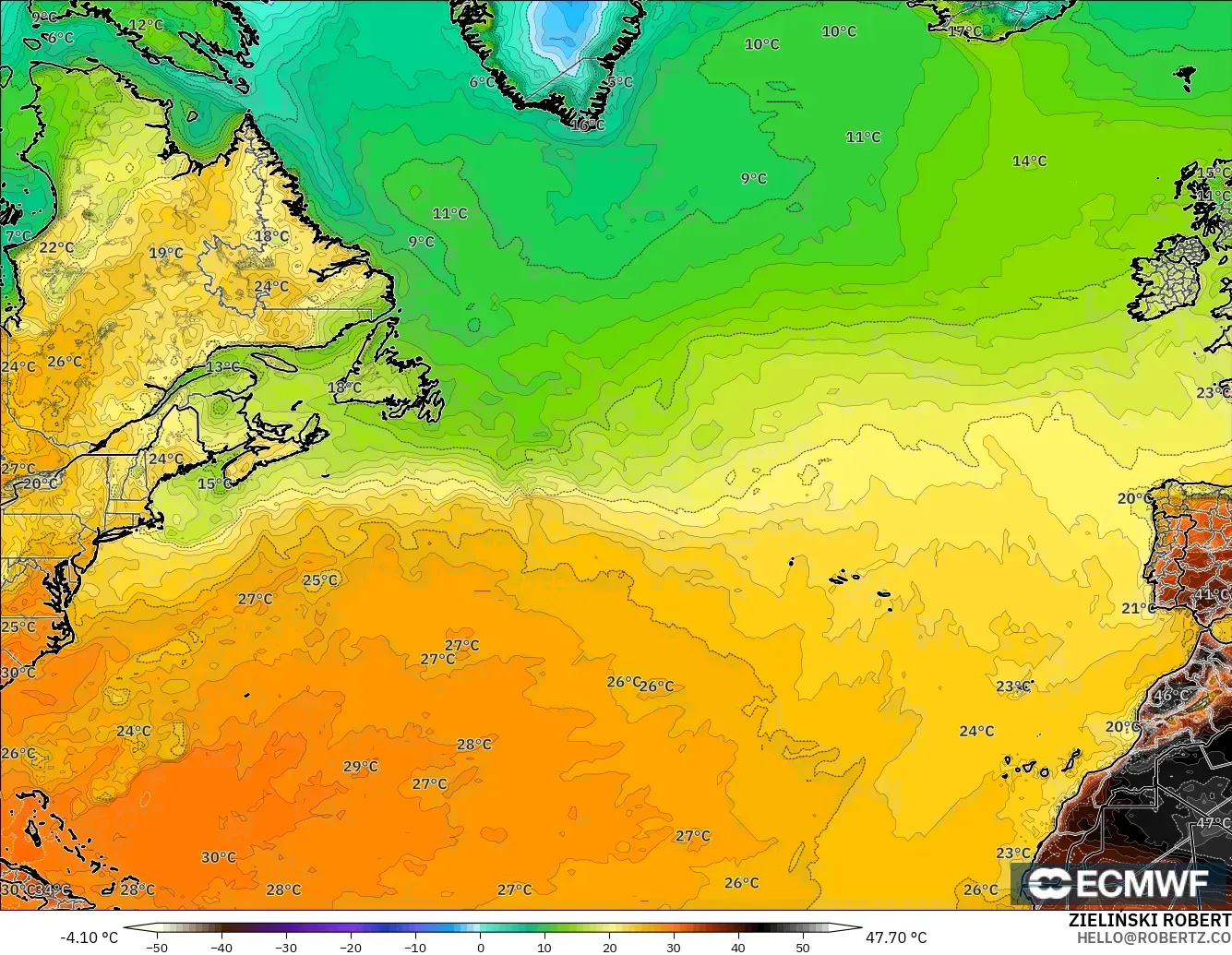 ECMWF IFS 0.25° model - Kuzey Atlantik, 2 m Sıcaklık