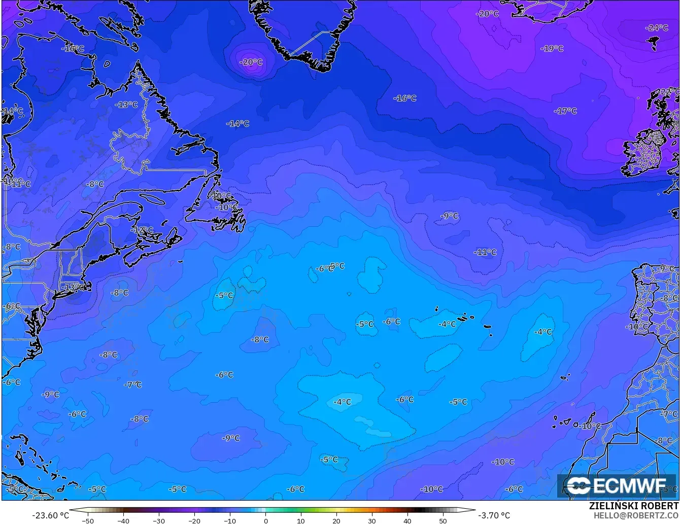 ECMWF IFS 0.25° model - Kuzey Atlantik, 500 hPa Sıcaklık