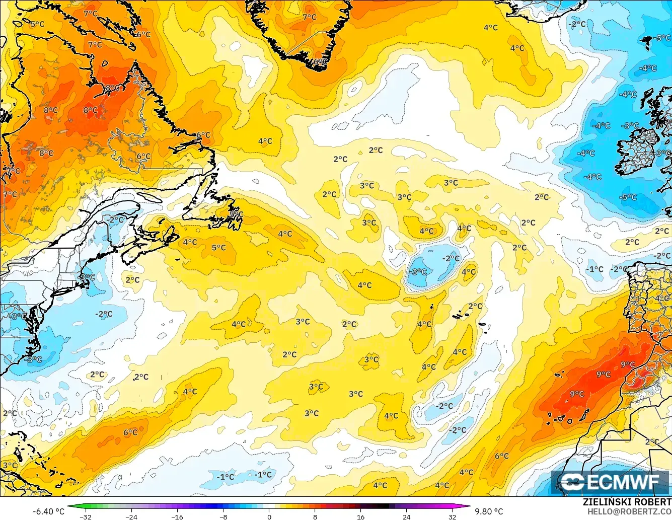 ECMWF IFS 0.25° model - Kuzey Atlantik, 850 hPa Sıcaklık Anomalisi
