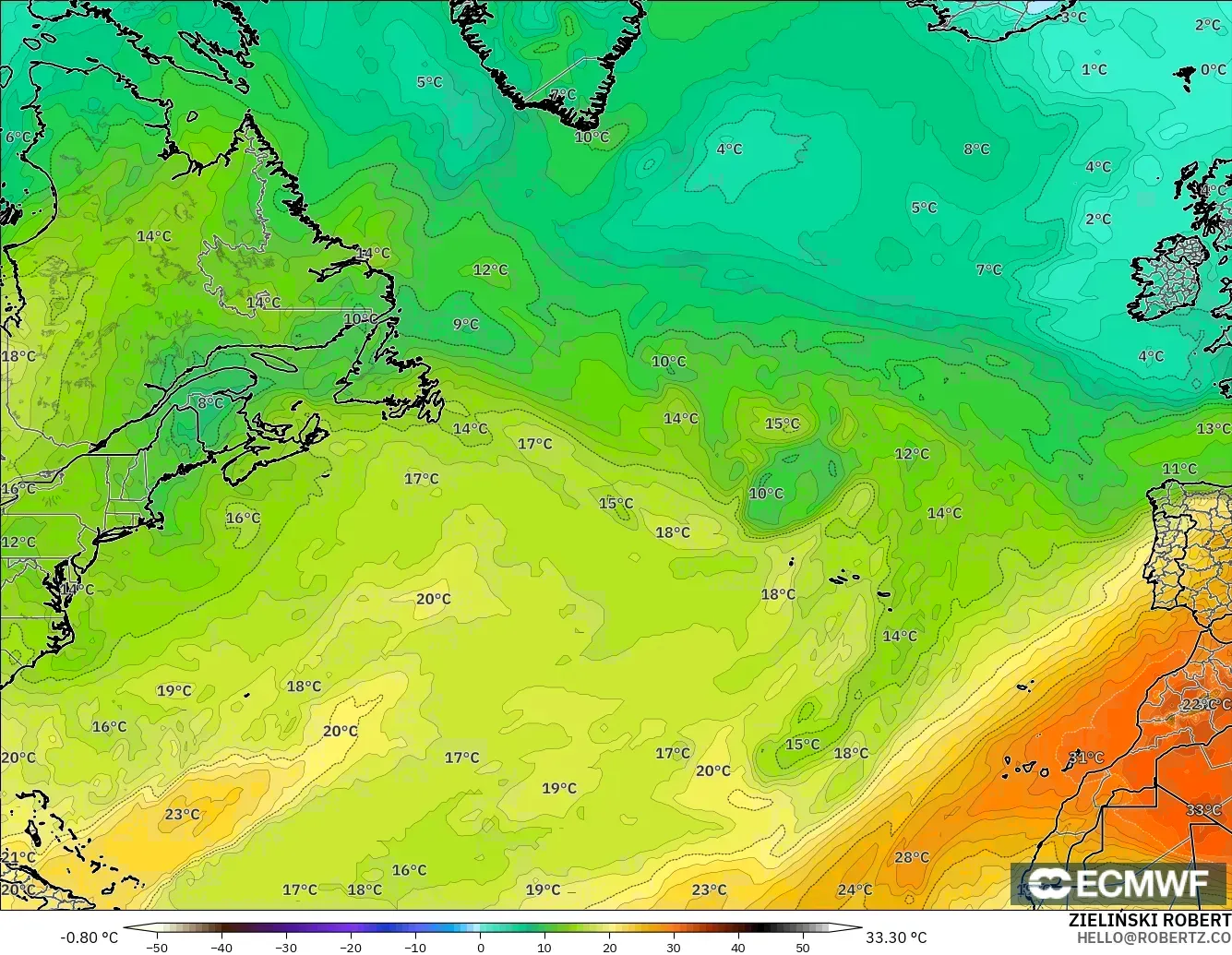ECMWF IFS 0.25° model - Kuzey Atlantik, 850 hPa Sıcaklık