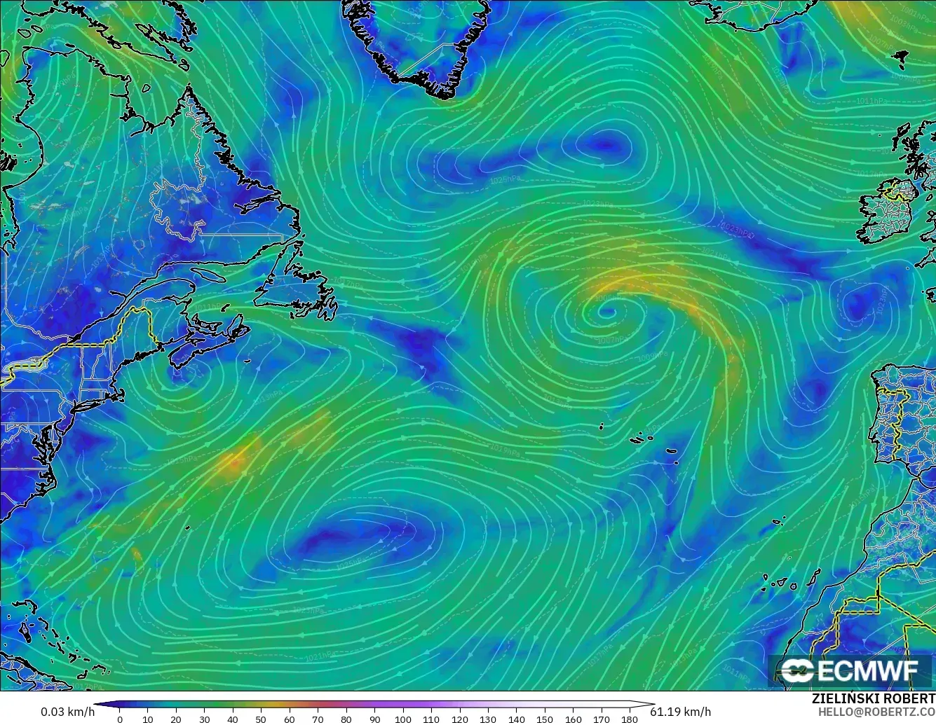 ECMWF IFS 0.25° model - Kuzey Atlantik, 10 m Rüzgâr