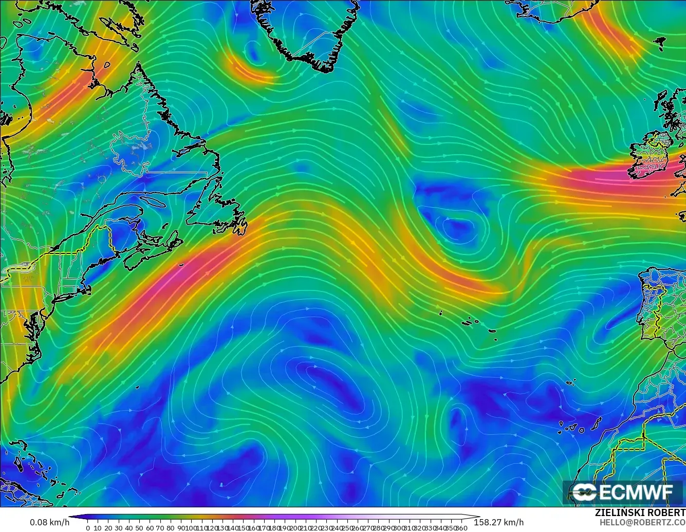 ECMWF IFS 0.25° model - Kuzey Atlantik, 300 hPa Rüzgârı (jet)